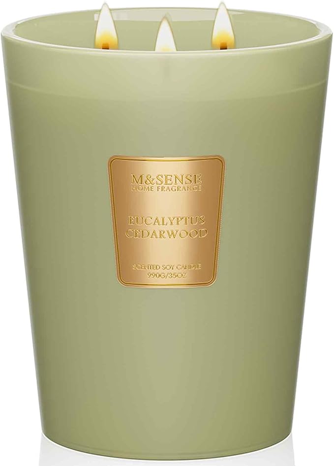 M&SENSE Eucalyptus & Cedarwood Scented Candle, 3 Wick 35oz Natural Soy Wax, Green Candles Gift for Fall Winter Home Scented, 150 Hours Long Lasting Slow Burning - Bloomnest