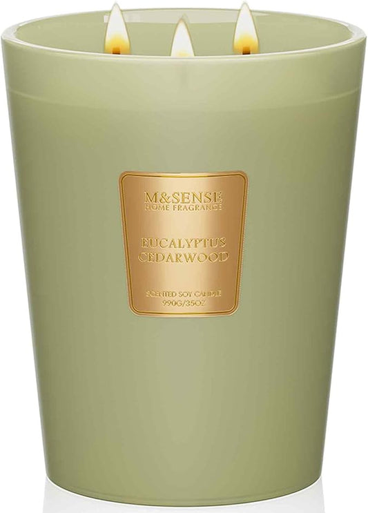 M&SENSE Eucalyptus & Cedarwood Scented Candle, 3 Wick 35oz Natural Soy Wax, Green Candles Gift for Fall Winter Home Scented, 150 Hours Long Lasting Slow Burning - Bloomnest