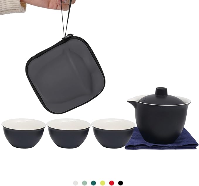 Porcelain Chinese Gongfu Tea Sets for Adults Portable Kungfu Teapot and Cup Set Small Ceramic Tea Party Set Travel Teaset with Lid for Home Gifting Outdoor and Office (Black) - Bloomnest