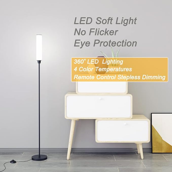 Floor Lamp with Remote Control,Bright Floor Lamps for Living Room/Bedroom/Office, Stepless Adjustable 3000K-6000K Colors and 10-100% Brightness,Standing Light with Foot Switch (Black) - Bloomnest