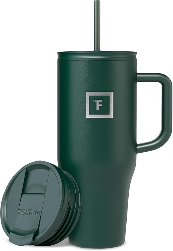 IRON °FLASK Co-Pilot Insulated Mug w/Straw & Flip Cap Lids - Cup Holder Bottle for Hot, Cold Drink - Leak-Proof - Water, Coffee Portable Travel Mug - Dark Pine, 32 Oz - Bloomnest