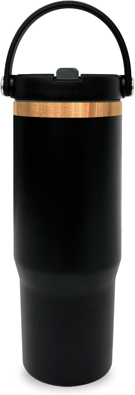 30 oz Tumbler with Handle, Double Wall Vacuum Insulated Tumblers with Flip Straw, Coffee Mug 30oz Powder Coated Cup for Hot and Cold Drinks(Copper Plated, Black,1 pack)