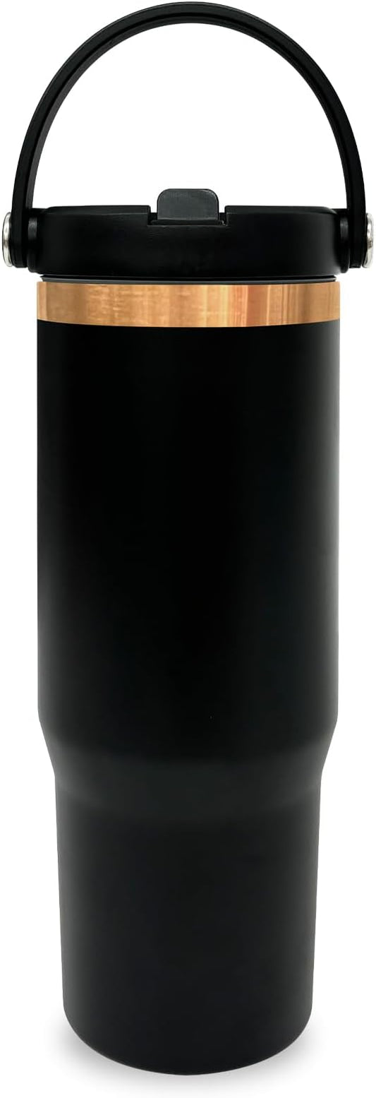 30 oz Tumbler with Handle, Double Wall Vacuum Insulated Tumblers with Flip Straw, Coffee Mug 30oz Powder Coated Cup for Hot and Cold Drinks(Copper Plated, Black,1 pack)