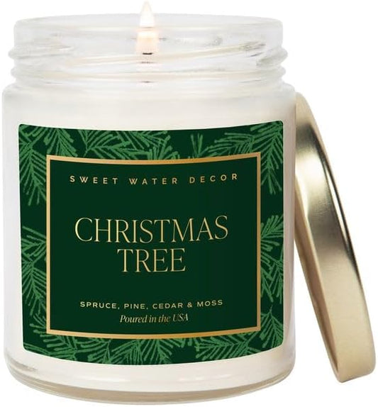 Sweet Water Decor Christmas Tree Candle - Spruce, Pine Needles and Evergreen Candles Scented Soy Candles for Home - Christmas Candle 9oz Clear Jar, 40 Hour Burn Time, Made in The USA - Bloomnest