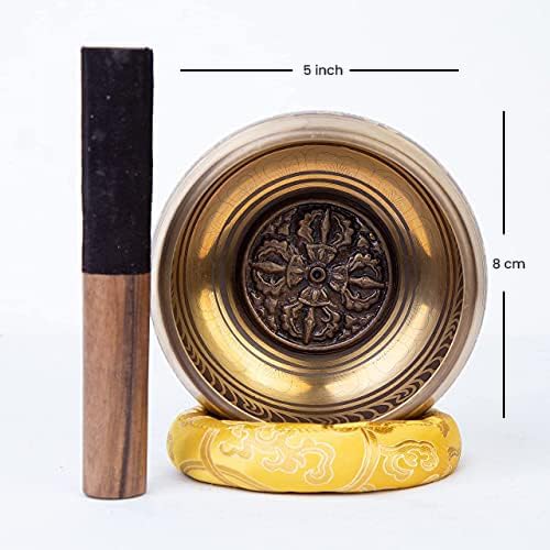 Large Tibetan Singing bowl Set - Bronze Style - Easy To Play - 5" Sound Yoga Bowl Mantra Design Mindfulness Meditation Healing Sound Gift By Himalayan Bazaar