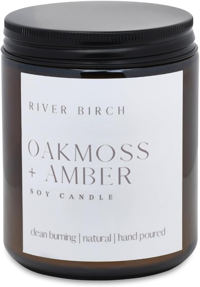 River Birch Candles Oakmoss + Amber Scented Candle | Premium, All-Natural, Non-Toxic, Soy Wax, Amber Jar | 8.5oz 40 Hr Burn Time | Cozy Relaxing Gifts for Home - Bloomnest