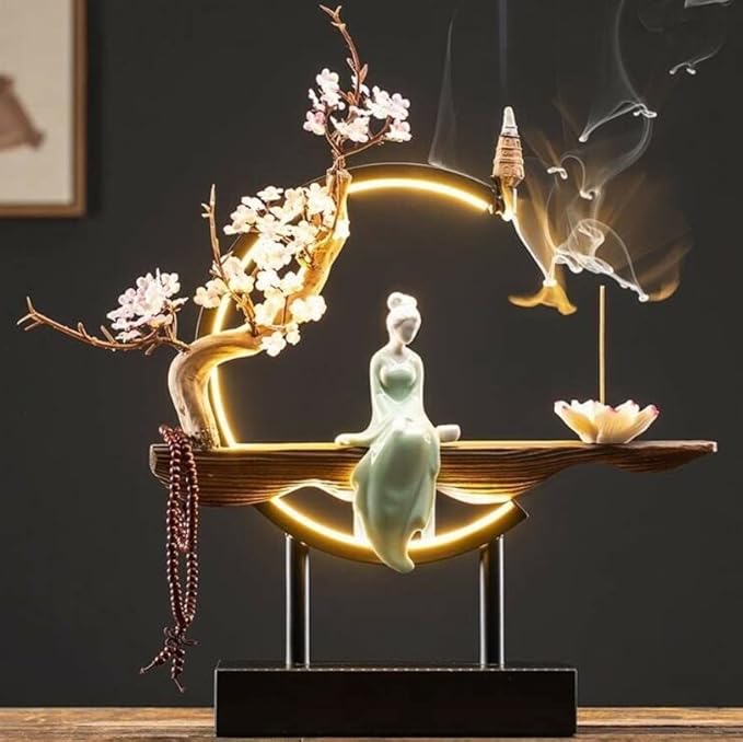 Backflow Incense Holder Incense Burner with Adjustable LED Light Ring Chinese Style Handmade Flower Censer,Compatible with Cone and Stick Incense (C) - Bloomnest