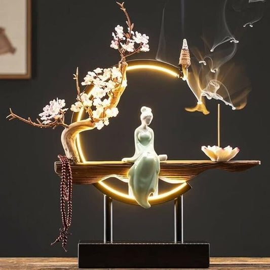Backflow Incense Holder Incense Burner with Adjustable LED Light Ring Chinese Style Handmade Flower Censer,Compatible with Cone and Stick Incense (C) - Bloomnest