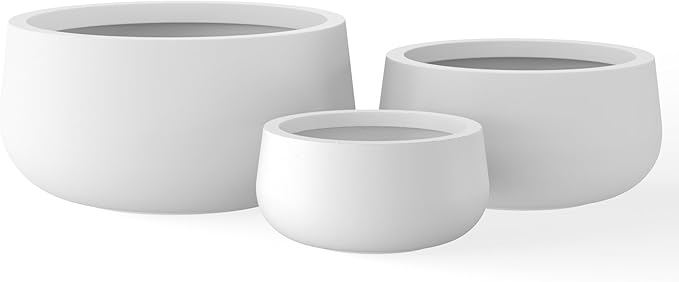 Kante 19.6",15.7",11.8" Dia Round Concrete Planters Set of 3, Outdoor Indoor Garden Plant Pots with Drainage Hole and Rubber Plug, Modern Curvaceous Design, Pure White - Bloomnest