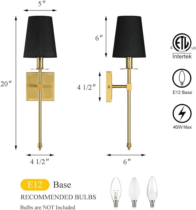 XiNBEi Lighting Wall Sconces Set of 2, Hardwired Brushed Brass Sconce Lighting with Black Fabric Shade Modern Wall Mount Light Fixture for Bathroom Bedroom Living Room Hallway XB-W1307-BS - Bloomnest