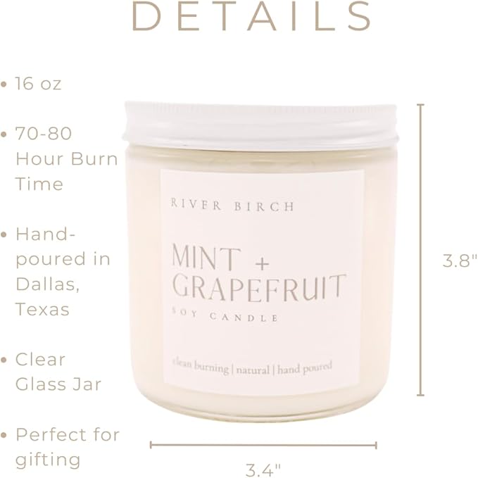 River Birch Candles Mint & Grapefruit Scented Candle | Premium, All-Natural, Non-Toxic, Soy Candles | 16oz 90 Hr Burn Time | Cozy Relaxing Gifts for Home - Bloomnest