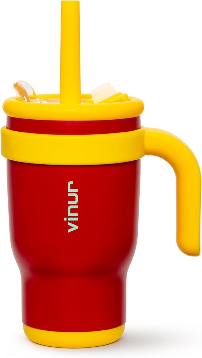 VINUR Kids 14 oz Tumbler with Handle and Straw Lid | Leak Resistant | Reusable Stainless Steel Insulated Tumbler Travel Water Mug with Rubber Base-Cup Holder Friendly, Canyon Red - Bloomnest