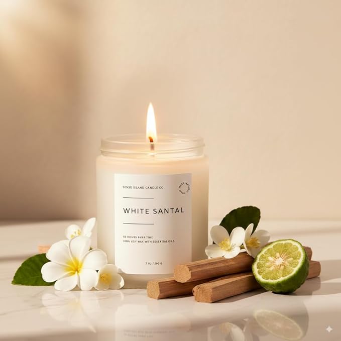 SENSE ISLAND White Santal Scented Candle for Home Scented 50+ Hrs Highly Scented | 100% Natural Soy Candle Gifts for Women Highly Scented House Warming Gifts - Bloomnest