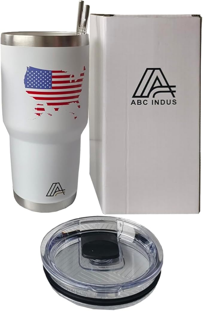 Tumbler 30oz Stainless Steel, Vacuum Insulated w/MagSlider Lid, USA Flag on White, Double Wall, Keeps Drinks Cold & Hot, Patriotic Gift - Bloomnest