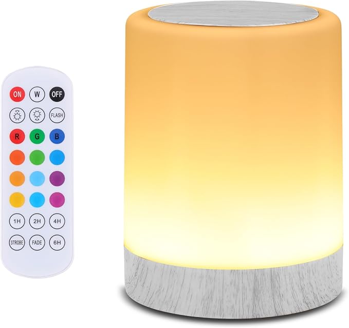 OORUN Touch Bedside Table Lamp,13 RGB Colors & 5 Brightness, USB Rechargeable Desk Lamp, Remote Control Dimmable Light with RGB Color Changing,Portable Lamp for Baby (Wood Grain Beige) - Bloomnest