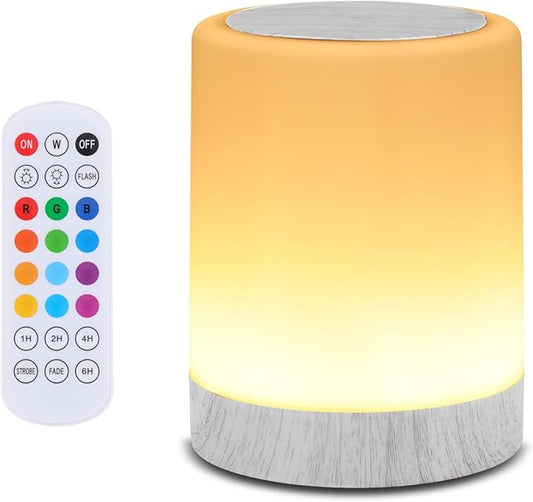 OORUN Touch Bedside Table Lamp,13 RGB Colors & 5 Brightness, USB Rechargeable Desk Lamp, Remote Control Dimmable Light with RGB Color Changing,Portable Lamp for Baby (Wood Grain Beige) - Bloomnest