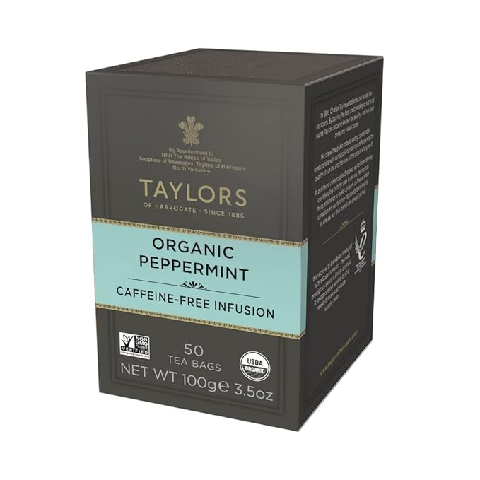 Taylors of Harrogate Organic Peppermint, Herbal Tea, Pillow Tea Bags, 50 Count (Pack of 1), Clean, Pure and Refreshing, Caffeine-Free, Enjoy Hot or Iced, 50 Teabags - Bloomnest