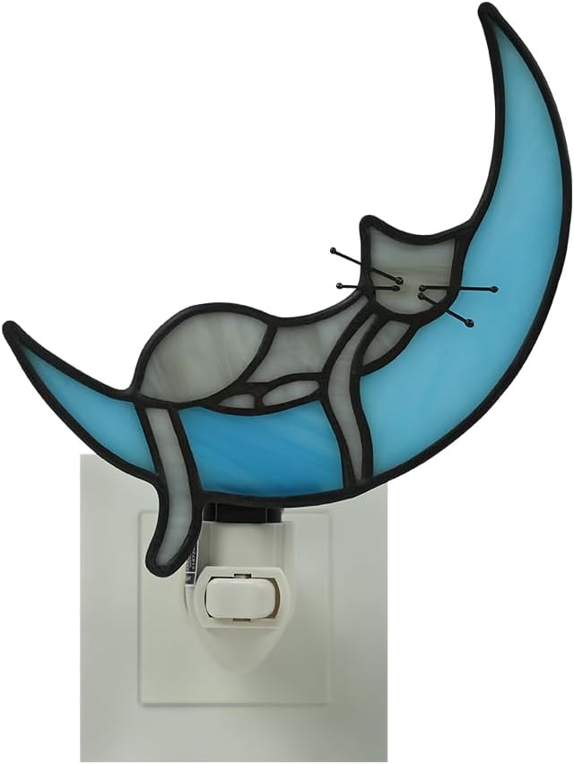 BOXCASA Cat on Moon Decor Stained Glass Night Lights Plug Into Wall Decorative,Night Light Plug in Decor for Children's Room Kitchen Toilet Bathroom,Cats Themed Gifts for Women Cat Lover - Bloomnest