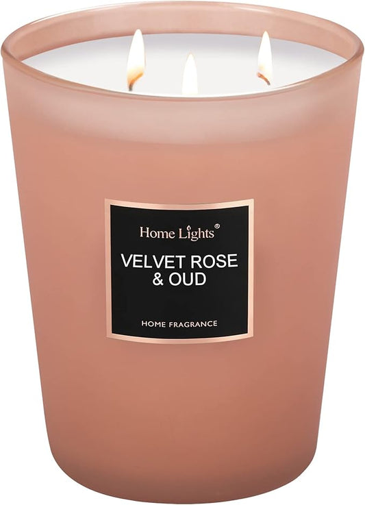 HomeLights Scented Candles | Large Jar Candle-33.3 Oz. Natural Soy Aromatherapy Candles | Up to 130 Hours Burn Time with 3 Cotton Wicks, Home Decorative Fragrance Candles Gift - Velvet Rose Oud - Bloomnest