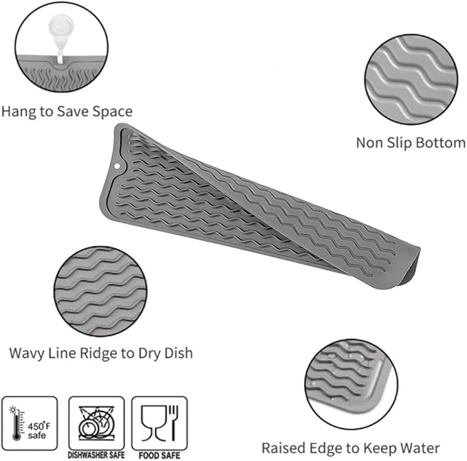 Silicone Dish Drying Mat for Multiple Usage,Easy clean,Eco-friendly,Heat-resistant Silicone Mat for Kitchen Counter,Sink,Bar,Bottle,or Cup Grey M 17 inches x 6 inches - Bloomnest
