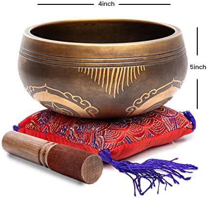 Tibetan Singing Bowl Set - Easy To Play Authentic Handcrafted For Meditation Sound Chakra Yoga Healing 4 Inches By Himalayan Bazaar (Brown and Maroon)