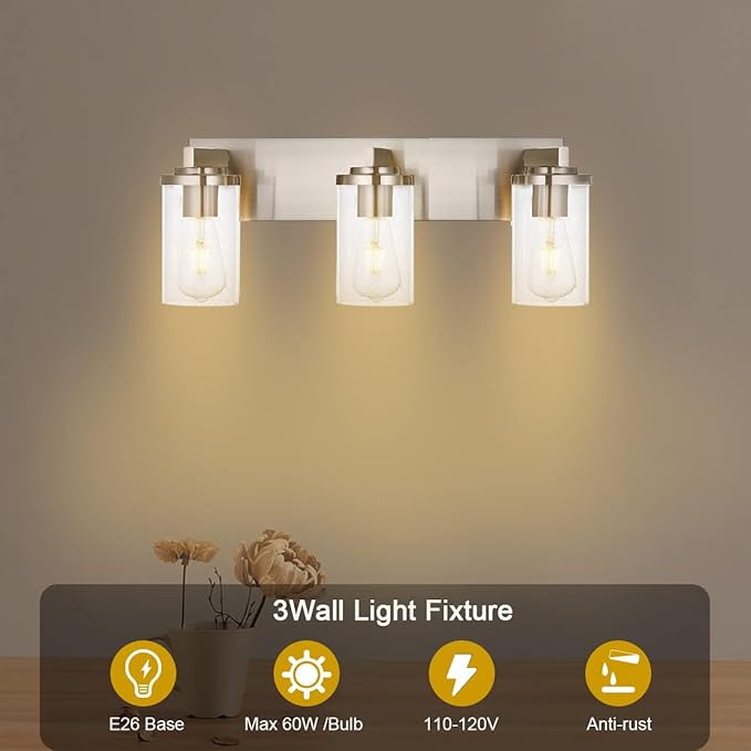 BONLICHT Brushed Nickel Vanity Light 3 Lights Modern Bathroom Light Fixtures Over Mirror with Seeded Glass, Industrial Metal Indoor sconces Wall Lighting for Powder Room Hallway Kitchen Sink Cabinet - Bloomnest