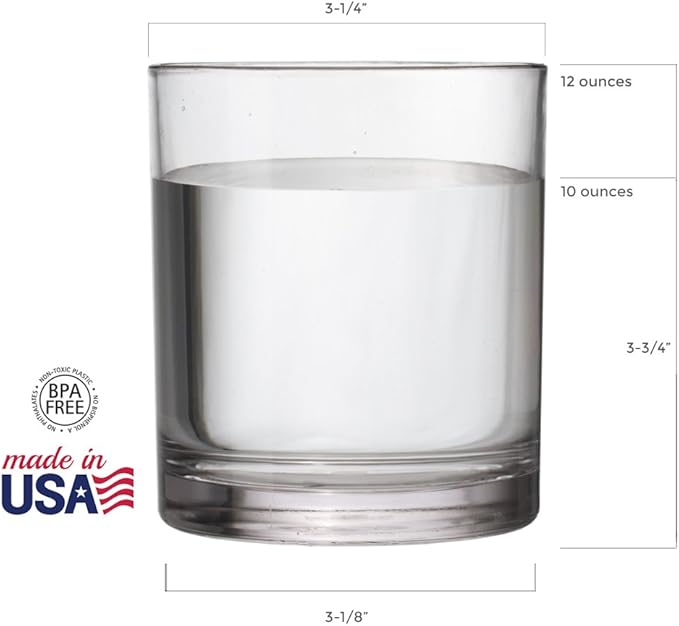 US Acrylic Classic Clear Plastic Reusable Drinking Glasses (Set of 6) 12oz Rocks Cups | BPA-Free Tumblers, Made in USA | Top-Rack Dishwasher Safe - Bloomnest
