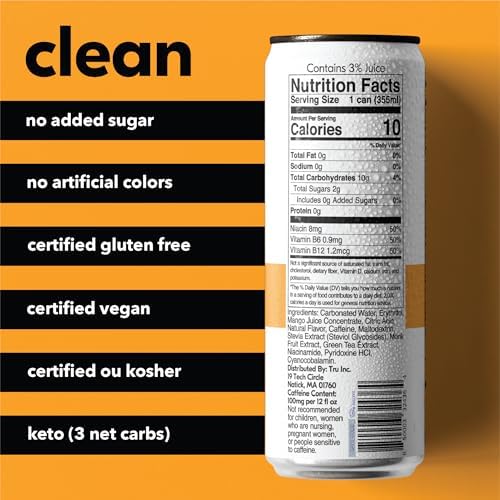 Tru Energy Seltzer, Sparkling Water with Natural Caffeine, Orange Mango Juice, Green Tea Extract & B Vitamins, Lightly Carbonated Energy Drink, Gluten Free, Vegan, Low Calorie, 12 FL OZ Cans, 12 Pack - Bloomnest