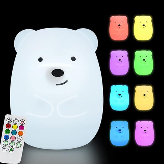Large Bear Night Light for Kids, Silicone nightlights Bedside Table Lamps Baby Bedroom Lighting Nursery Children's Bed Lights - Eye Caring, Adjustable Brightness & Color, Time Setting - Large - Bloomnest