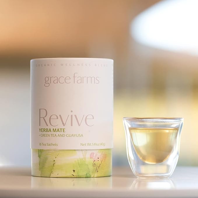 Grace Farms REVIVE Wellness Organic Tea Blend (16 Pyramid Sachets) | Yerba Mate, Green Tea, & Adaptogens | Natural Energy Coffee Replacement | Fairtrade & Kosher | Gives Back 100% of Profits - Bloomnest