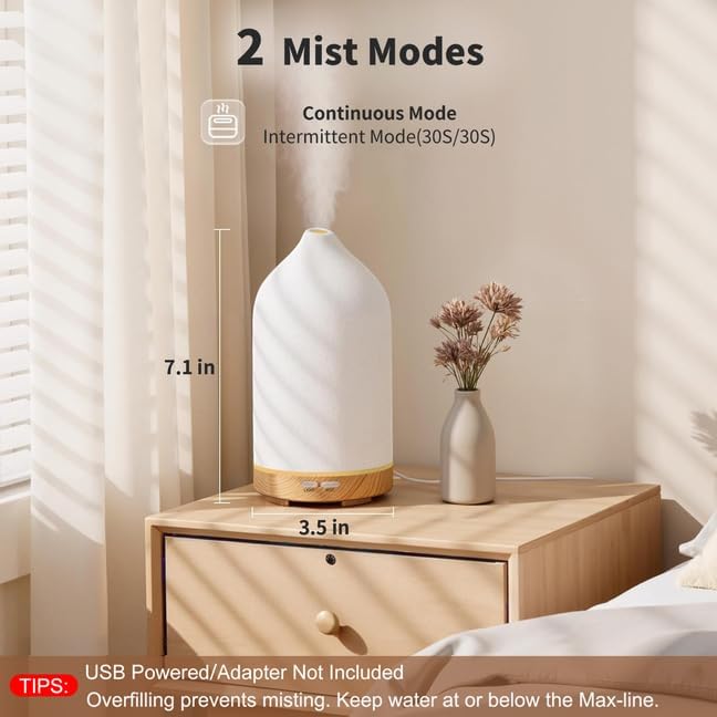 URPOWER 120ML Ceramic Essential Oil Diffuser Ultrasonic Aromatherapy Diffuser with Wood Grain Base, 7-Color LED Lights Auto Shut-Off, Humidifier for Home & Office, Air Diffuser for Relaxation - Bloomnest