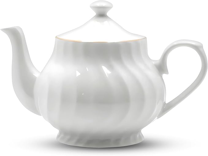 Lynns Porcelain Vintage Teapot with Embossed Swirls 37oz Tea Pot Classic White Tea Set for Parties & Celebrations Ideal Teapot for Tea Cups & Saucers Perfect for Tea Parties - Imperial Gold