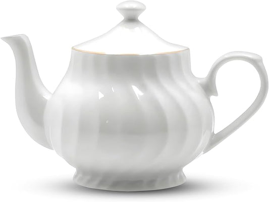 Lynns Porcelain Vintage Teapot with Embossed Swirls 37oz Tea Pot Classic White Tea Set for Parties & Celebrations Ideal Teapot for Tea Cups & Saucers Perfect for Tea Parties - Imperial Gold