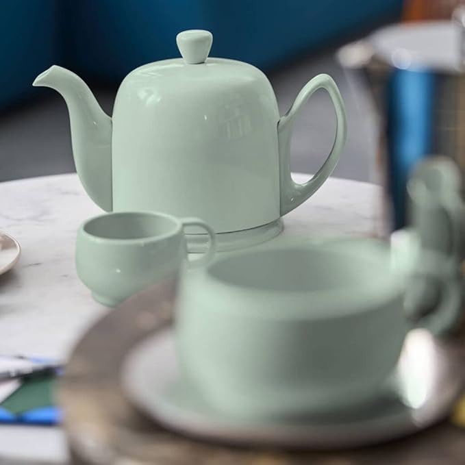 DEGRENNE Luxury French Tea Set - Porcelain Teapot Set with 2 Tea Cups, Ceramic Kettle for Loose Tea, Stainless Steel Cover, Removable Infuser - Monochrome Almond Green - Bloomnest