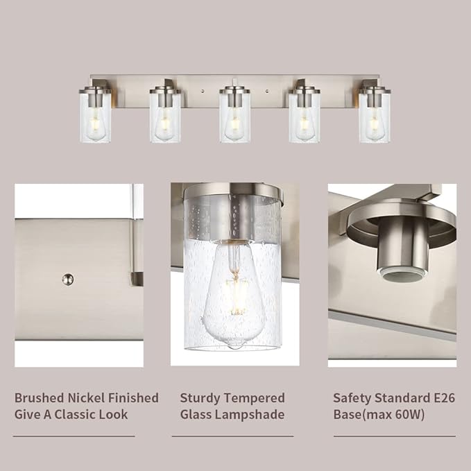 BONLICHT Brushed Nickel Bathroom Light Fixtures 5 Light Modern Vanity Lights Industrial Glass Wall Sconce Farmhouse Bath Lighting Over Mirror Wall Mount for Kitchen Living Room Hallway Workshop - Bloomnest