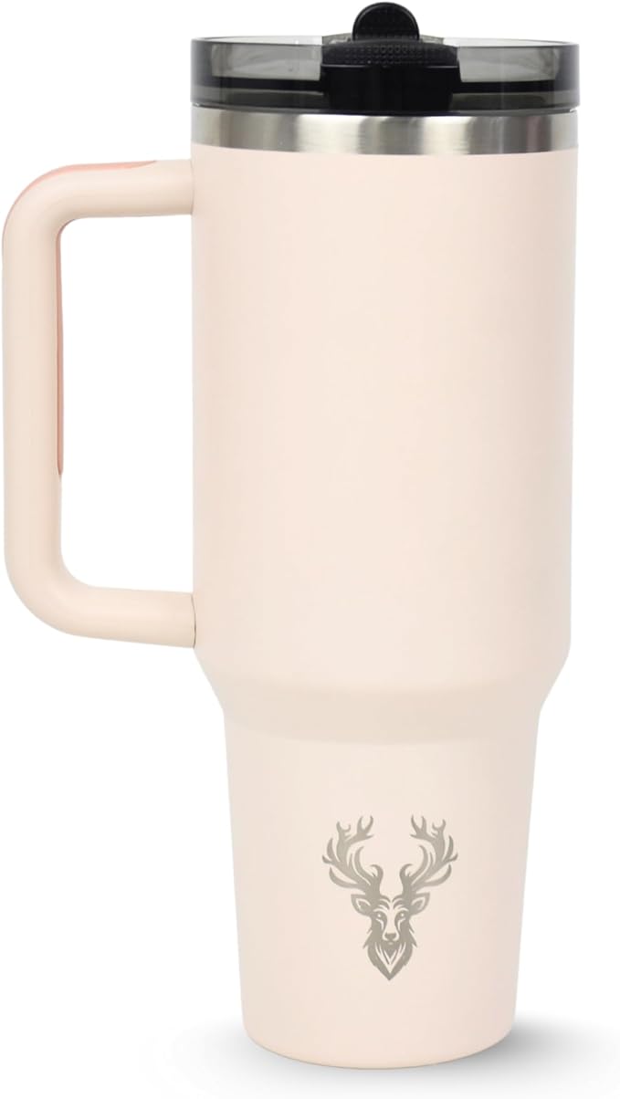 40 oz Tumbler with Handle and Straw | Vacuum Insulated Double Wall Stainless Steel Travel Mug | Leakproof, Hot and Cold | Cup Holder Friendly Base (Rose Quartz) - Bloomnest