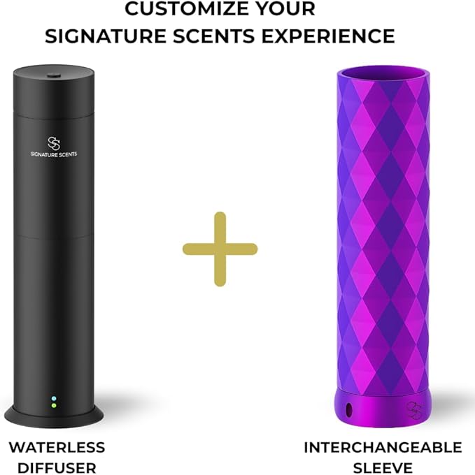Waterless Essential Oil Hotel Scent Diffuser - Cold Air Diffuser - Covers 1000 sq. ft. - Waterless Diffuser for Home, Office & Hotel (Black + Interchangeable Sleeve) (Black + Purple/Pink/Blue Sleeve) - Bloomnest