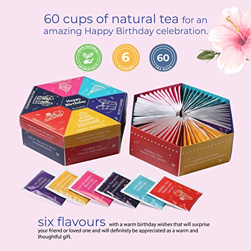 Acorus Happy Birthday Tea Gift Sets | Assorted Tea Set Birthday Present to Those Who We Care about | Herbal Fruit and Black Tea Variety Pack with Warm Wishes Written all Over the Box | 60 Tea Bags - Bloomnest