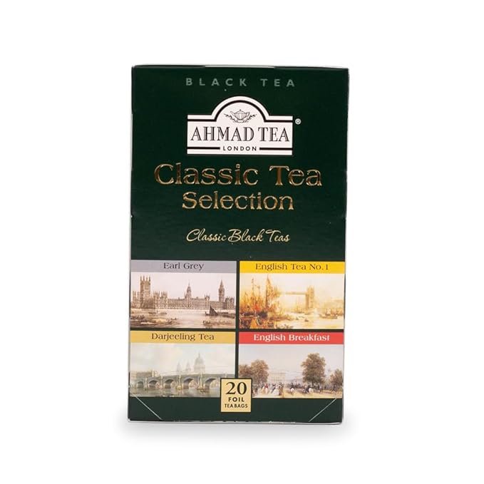 Ahmad Tea Black Tea, Classic Selection Pack Teabags, 4 Teas Earl Grey, English No.1, Darjeeling, & English Breakfast, 20 ct Teabags (Pack of 1) - Caffeinated & Sugar-Free - Bloomnest