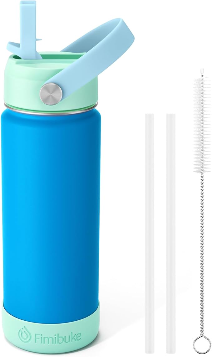 Fimibuke Kids Insulated Water Bottle, 18oz BPA FREE 18/8 Stainless Steel Kids Cup with Straw Travel Tumbler Double Wall Vacuum Leak Proof Toddler Water Bottle for School Boys Girls(1 Pack, Pool) - Bloomnest