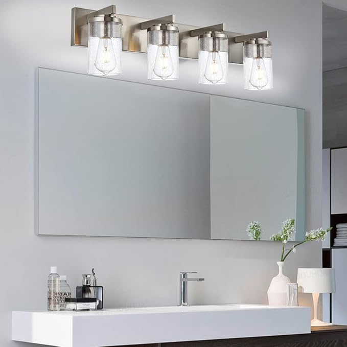 BONLICHT 4-Light Bathroom Light Fixtures Brushed Nickel Wall Sconce Lighting Modern Vanity Lights with Seeded Glass, Industrial Bathroom Farmhouse Wall Lamp for Mirror Kitchen Bedroom Living Room - Bloomnest