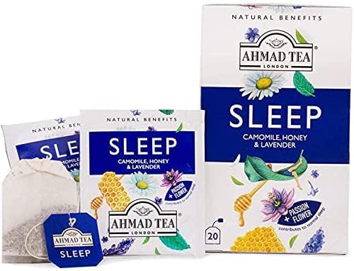 Ahmad Tea Herbal Tea, Camomile, Honey, & Lavender 'Sleep' Natural Benefits Teabags, 20 ct (Pack of 1) - Decaffeinated & Sugar-Free - Bloomnest