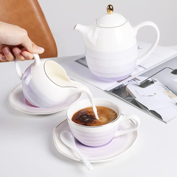 Sweejar Porcelain Tea Sets, 8 OZ Cups & Saucer Service for 4, Teapot Sugar Bowl Cream Pitcher Teaspoons and Tea Strainer for Adult Tea Coffee Afternoon Party (Purple) - Bloomnest