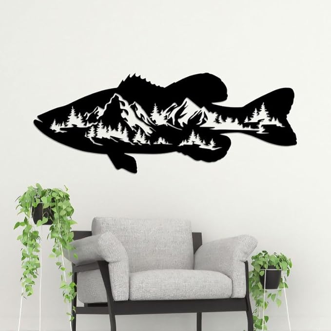 Personalized Neon Sign, Black Bass Mountain Metal Wall Art Led Light, Fishing Gifts for Men, Gift for Dad, Fish and Trees Sign, Cabin Lodge Decor, Fisherman Gift - Bloomnest