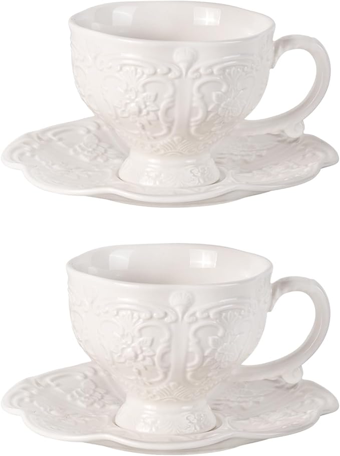 KAMMAK Tea Cups and Saucers Set of 2, Porcelain Coffee Cups, 7.8-Ounce Stackable Espresso Mugs, Ceramic Demitasse for Coffee, Latte, Americano, Tea, Britney - Bloomnest
