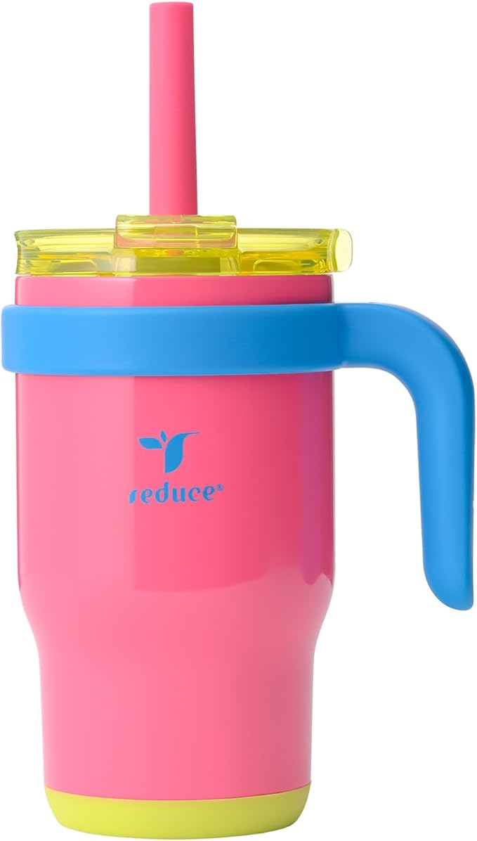 REDUCE 14 Oz Coldee Kids Tumbler with Lid and Straw - Coldee Insulated Travel Mug - Spill-Proof, Sweatproof Stainless Steel, BPA-Free - Includes Handle, Reusable Silicone Straw - Taffy Pink - Bloomnest