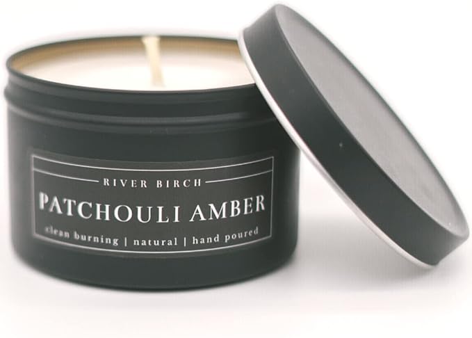 River Birch Candles Patchouli Amber Scented Candle | Premium, All-Natural, Non-Toxic, Soy Candles | 8 oz. Black Matte Tin Travel Candle | Cozy Relaxing Gifts for Home - Bloomnest