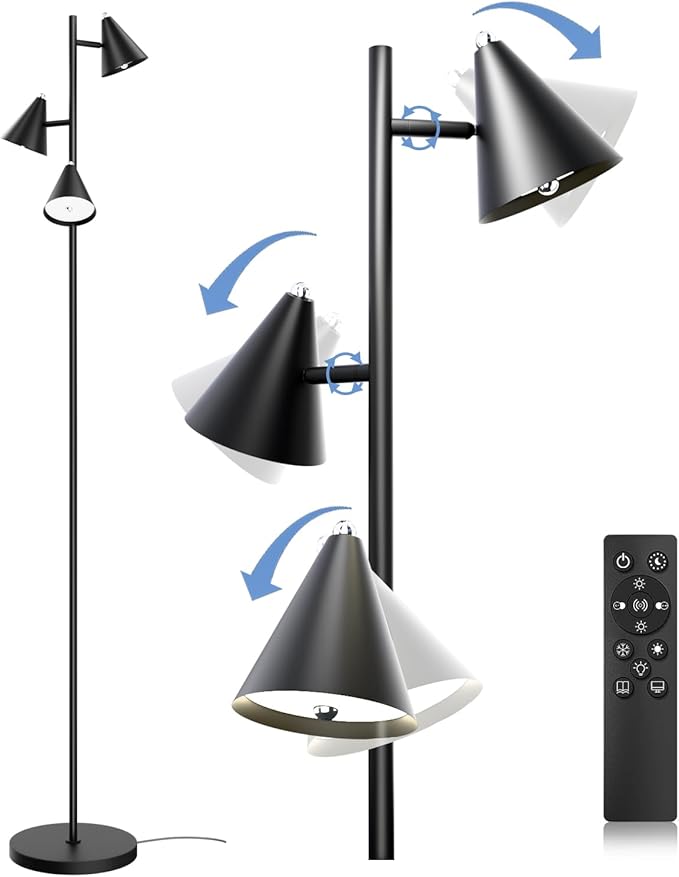 Tree Floor Lamp with Remote, Dimmable 3 Rotatable LED Lights, 5 Color Temperatures, 63" Modern Standing Lamp for Living Room, Bedroom, Office Reading Light - Bloomnest