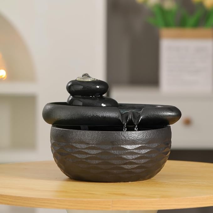 Ceramic Tabletop Desktop Fountain Indoor Home Kitchen Office Decoration (Black) - Bloomnest