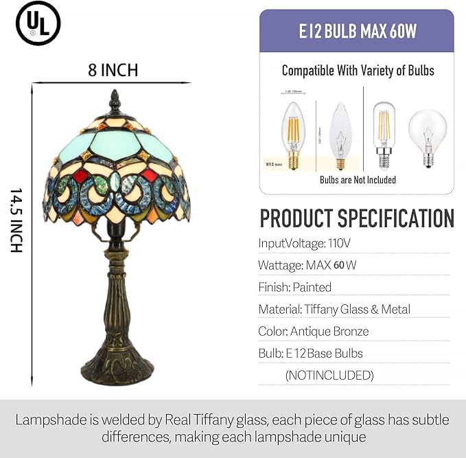 Small Tiffany Lamp Mini Accent Table Lamp Stained Glass Desk Memory Lamp Sympathy 8X14.5 Inch (Sapphire Style) - Bloomnest